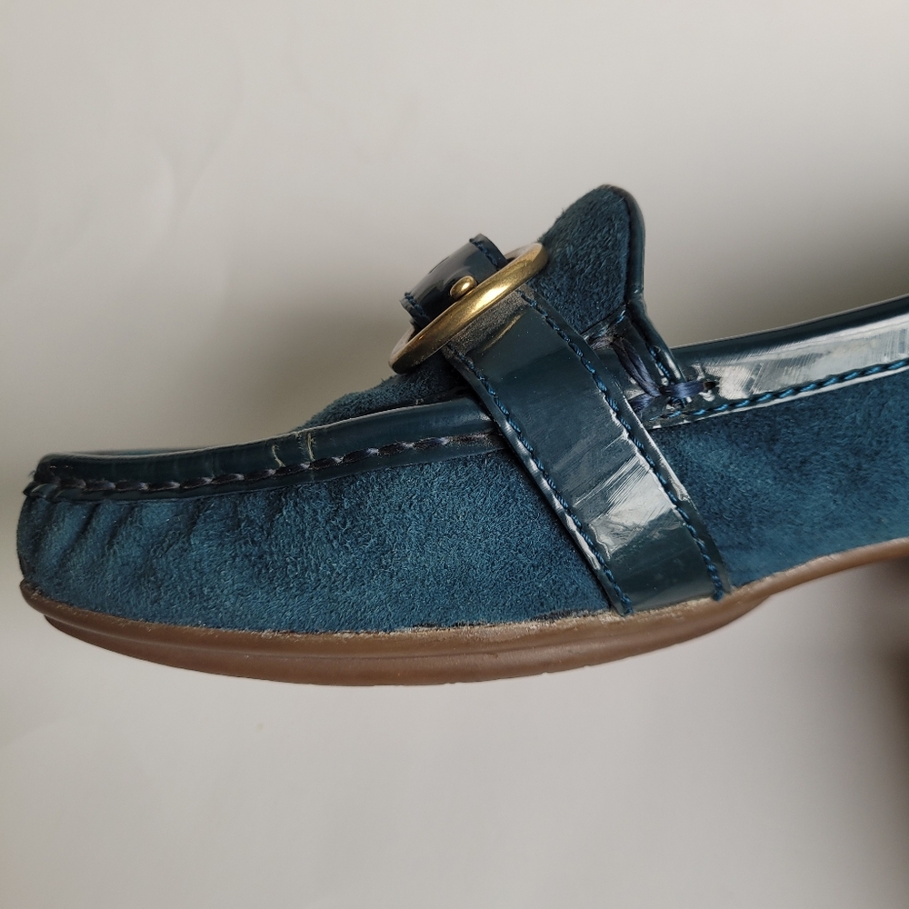 Women's Teal Suede Loafers with Buckle Accent - Picture 12 of 13